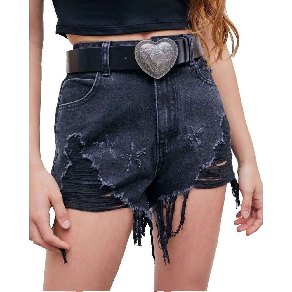 Cider Cowgirl Jorts High Rise Jean Shorts Size L Black Distressed with Stars